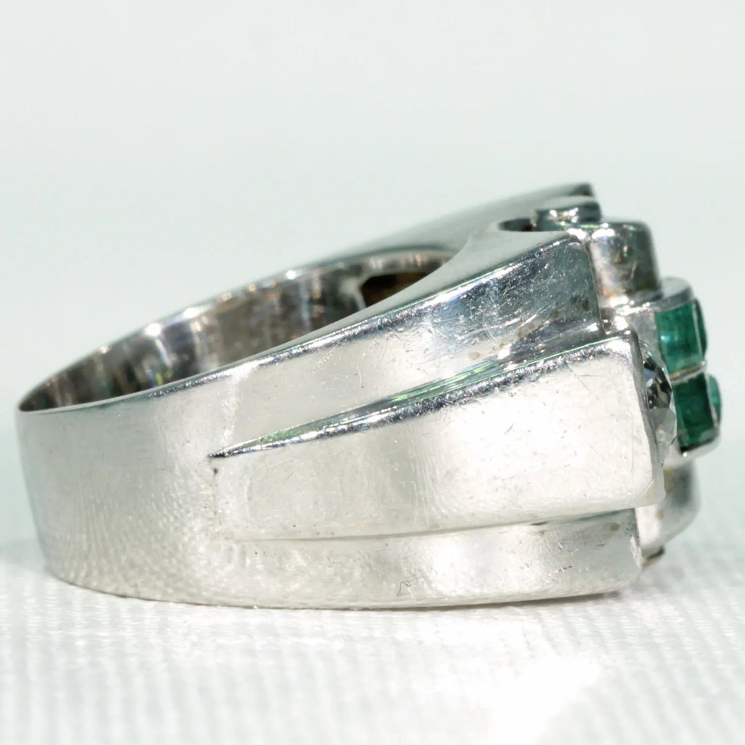 Vintage Art Deco Diamond Emerald Cocktail Ring 18k White Gold