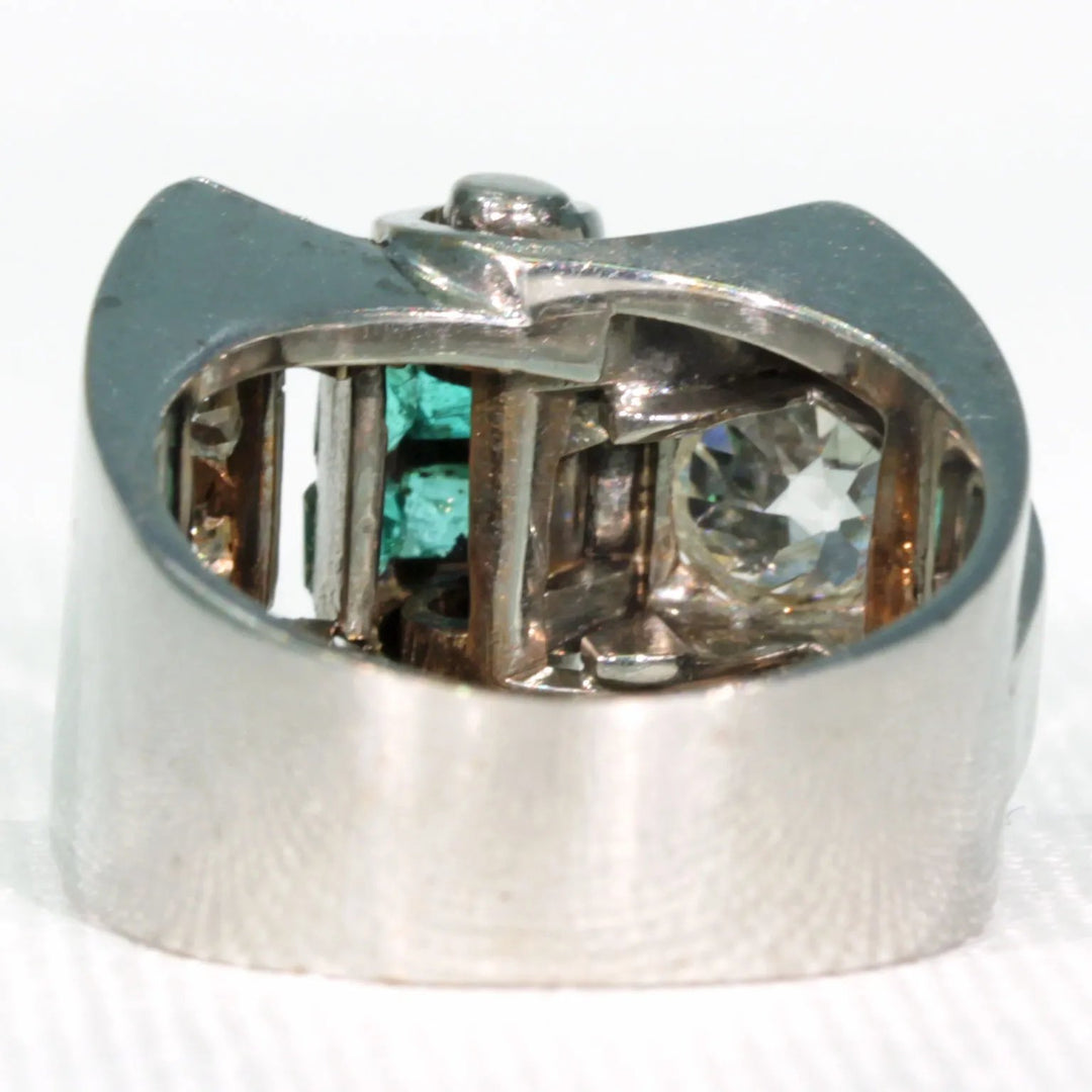 Vintage Art Deco Diamond Emerald Cocktail Ring 18k White Gold