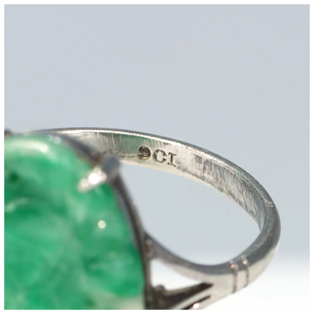 Vintage Art Deco Jade 9k White Gold Ring