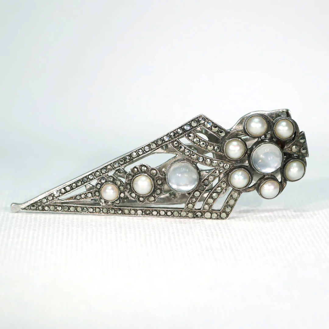 Vintage Art Deco Moonstone and Marcasite Dress Clip