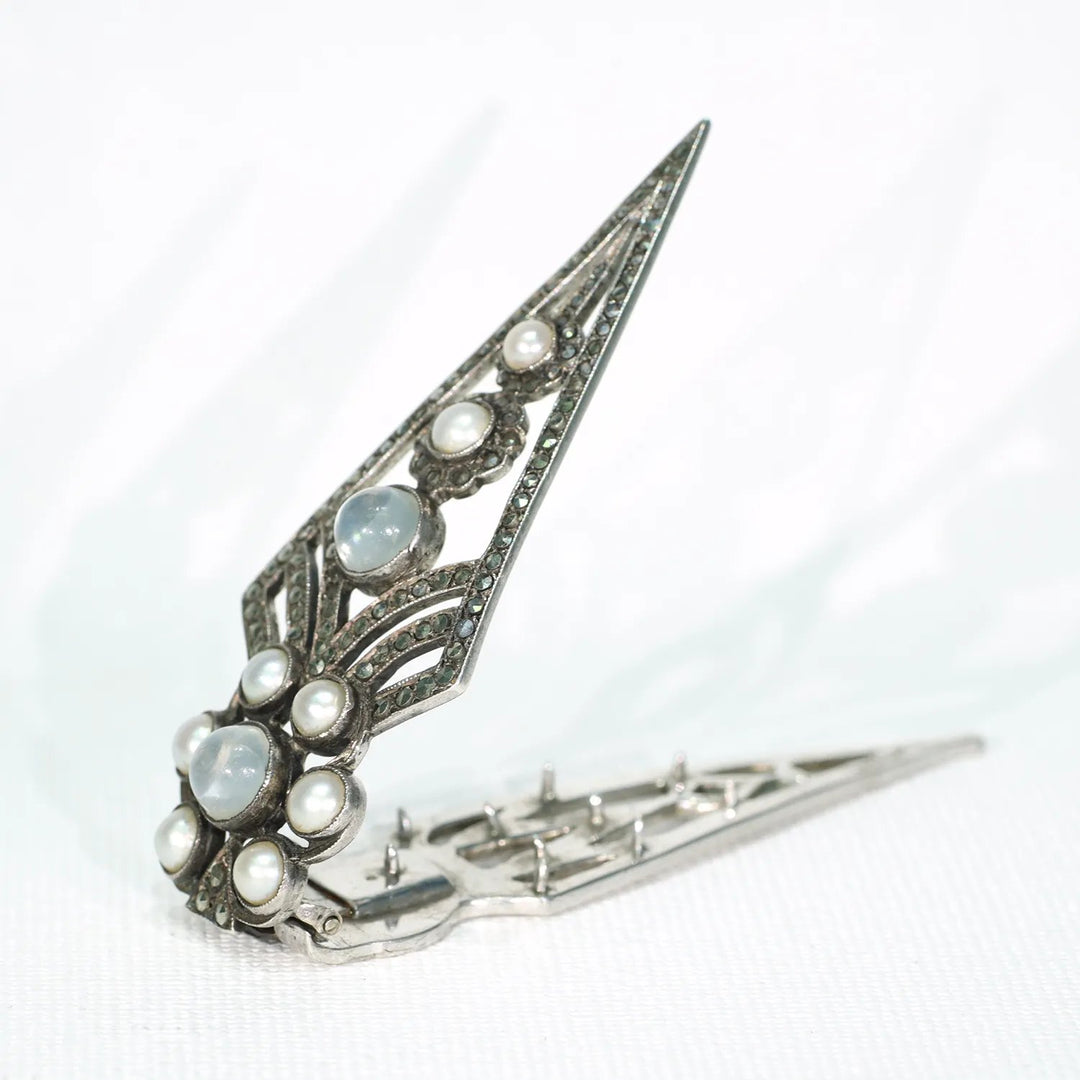 Vintage Art Deco Moonstone and Marcasite Dress Clip