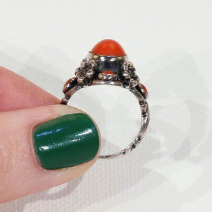 Vintage Austro-Hungarian Silver Red Coral Ring Floral Motif