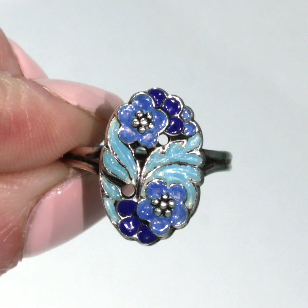 Vintage B. Instone Silver Blue Enameled Ring
