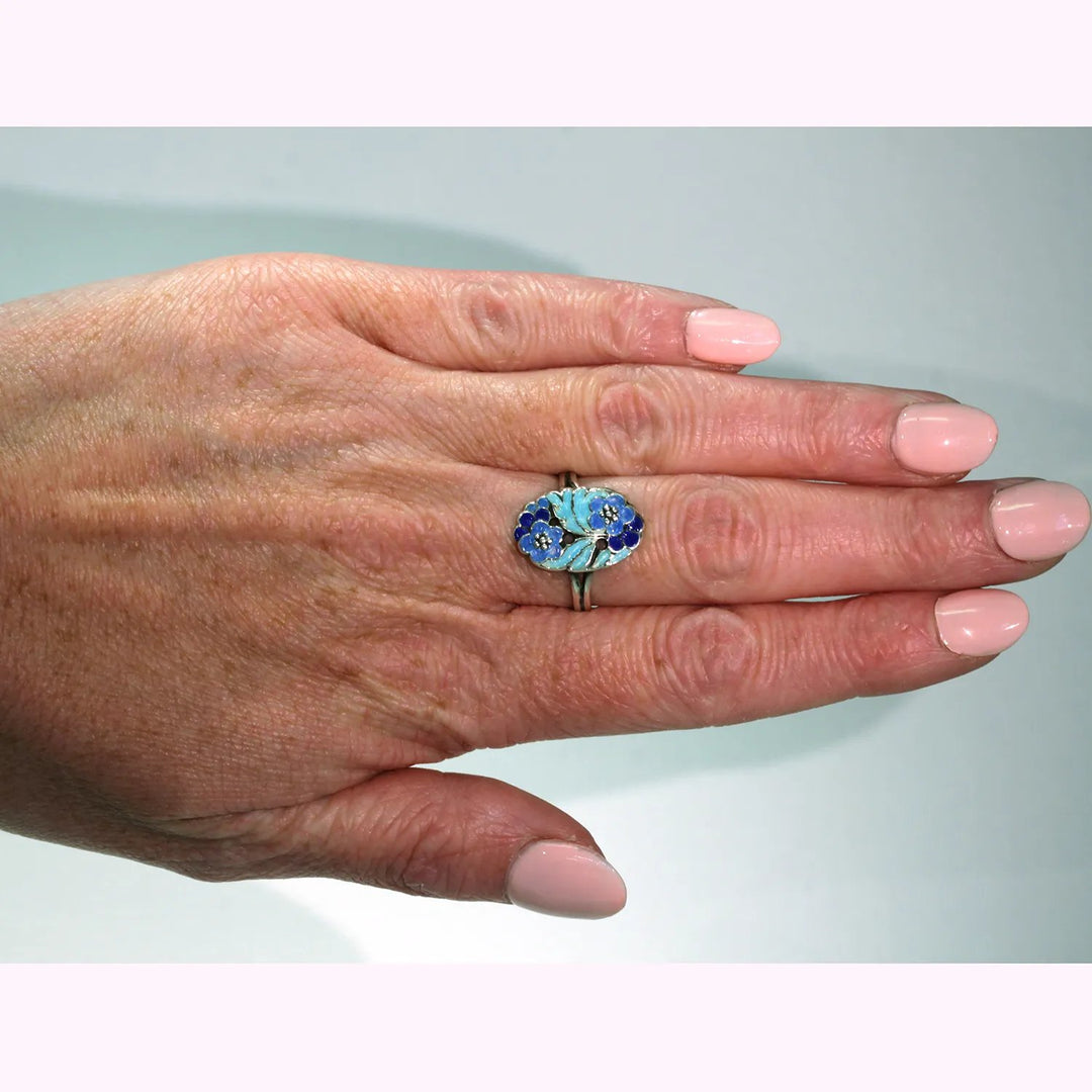 Vintage B. Instone Silver Blue Enameled Ring
