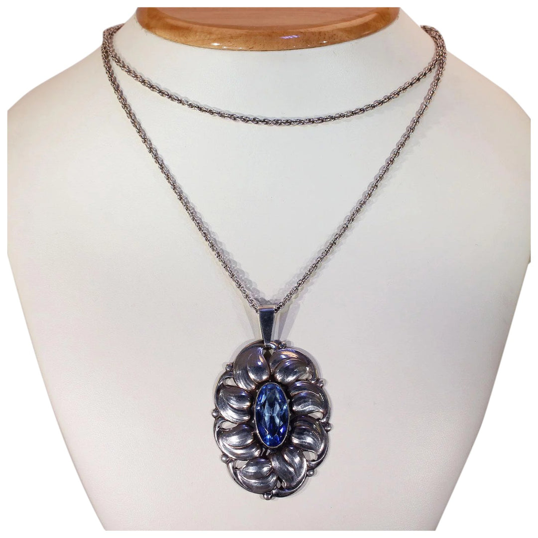 Vintage Blue Paste Silver Pendant Necklace