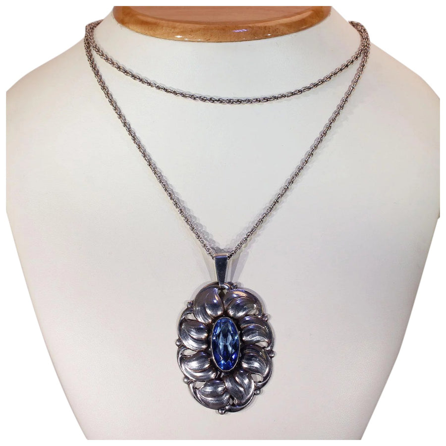 Vintage Blue Paste Silver Pendant Necklace