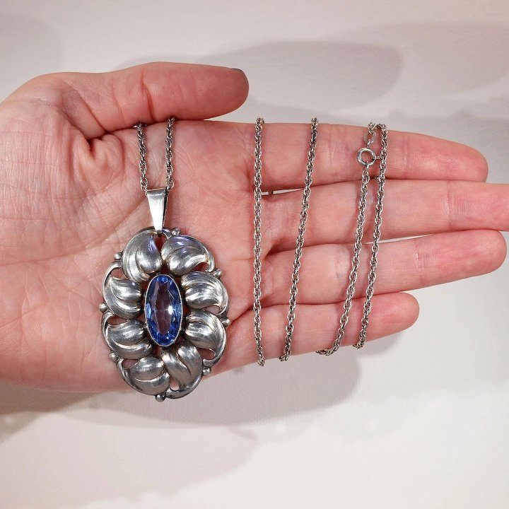 Vintage Blue Paste Silver Pendant Necklace