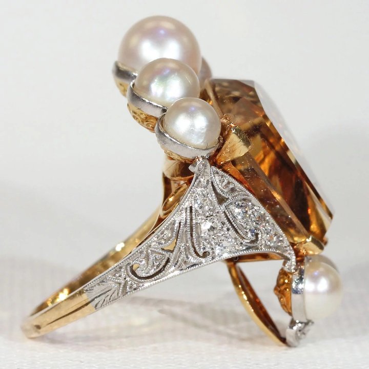Vintage Calf Cut Citrine Pearl Diamond Crown Ring