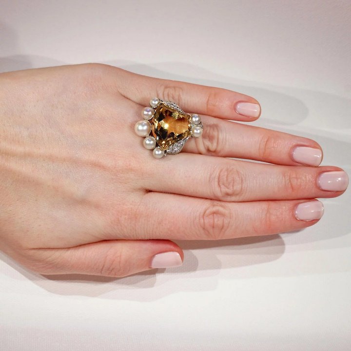Vintage Calf Cut Citrine Pearl Diamond Crown Ring