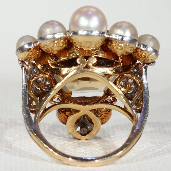 Vintage Calf Cut Citrine Pearl Diamond Crown Ring