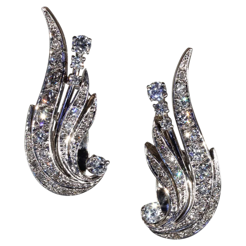 Vintage Diamond Retro Wing Earrings in 14k Gold, Clips c. 1950