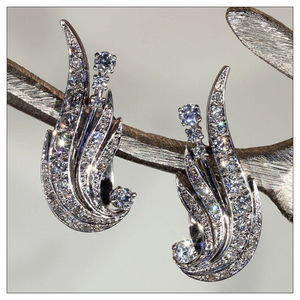 Vintage Diamond Retro Wing Earrings in 14k Gold, Clips c. 1950