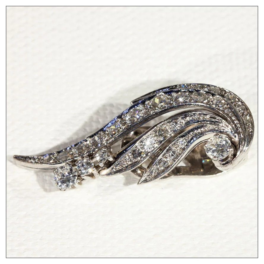 Vintage Diamond Retro Wing Earrings in 14k Gold, Clips c. 1950