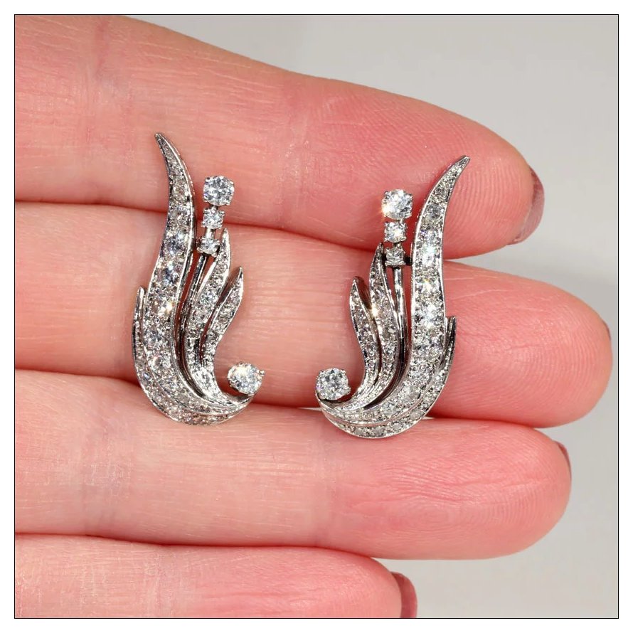 Vintage Diamond Retro Wing Earrings in 14k Gold, Clips c. 1950