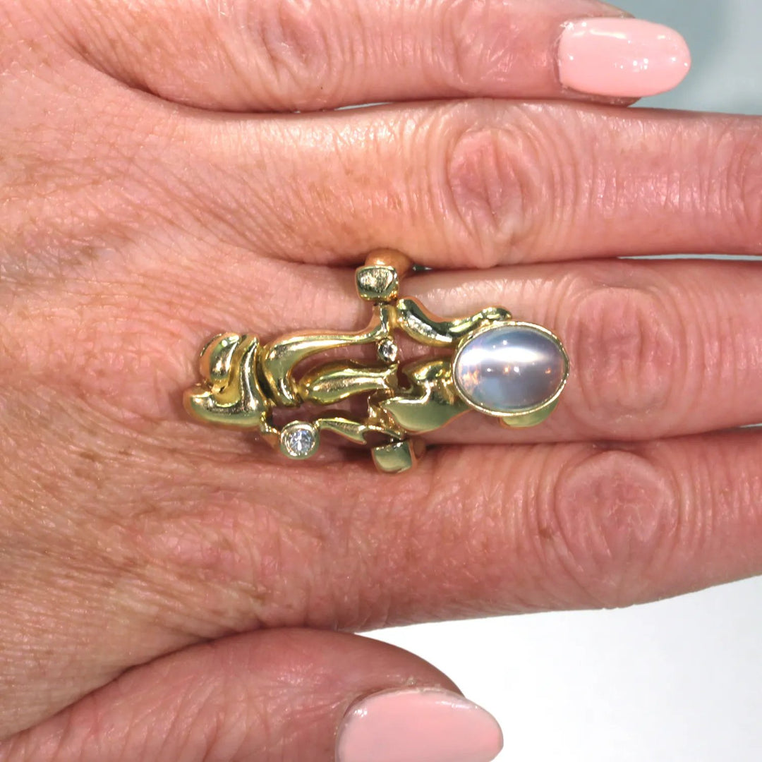 Vintage Impressionist Diamond Moonstone Ring Pendant 18k Gold French Designer