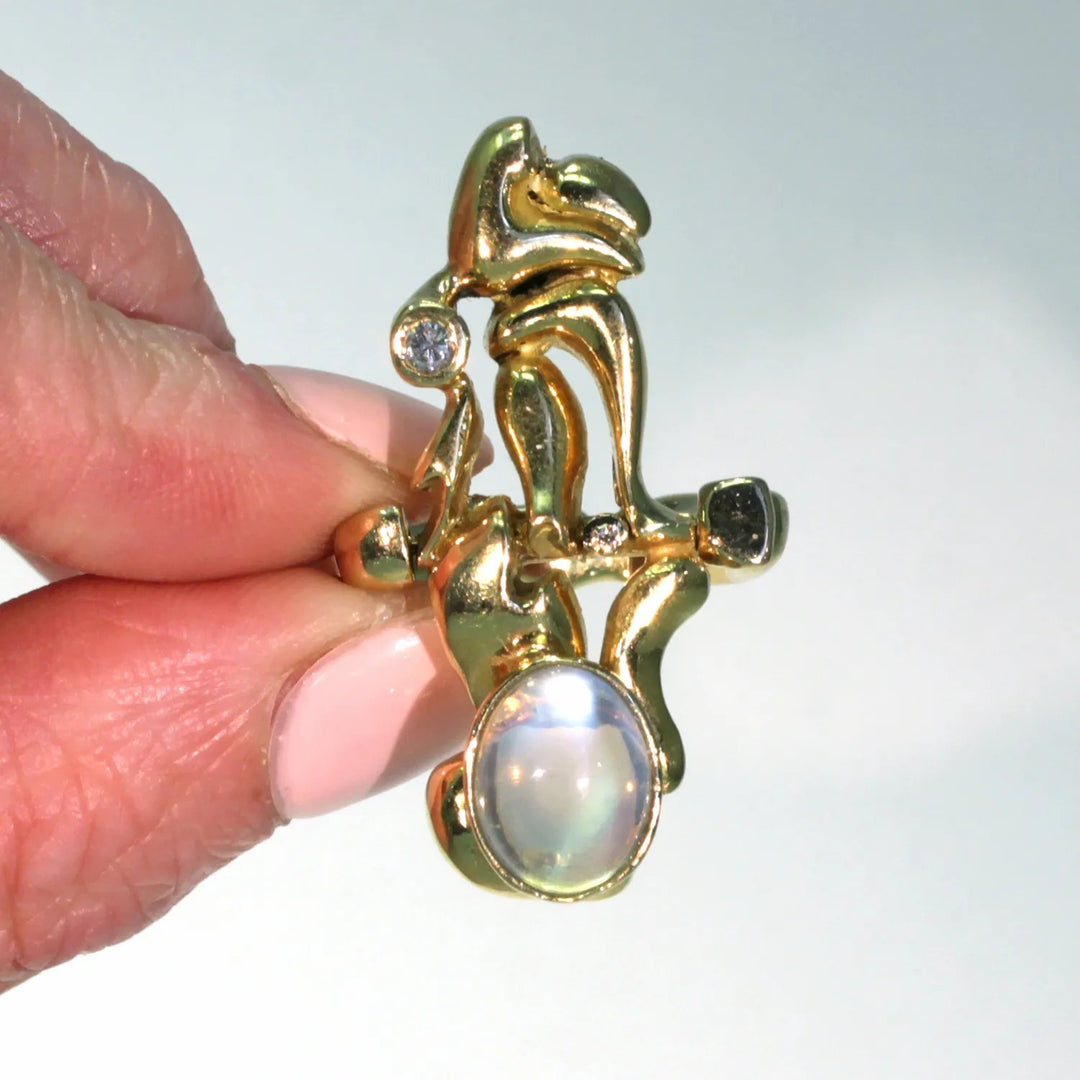Vintage Impressionist Diamond Moonstone Ring Pendant 18k Gold French Designer