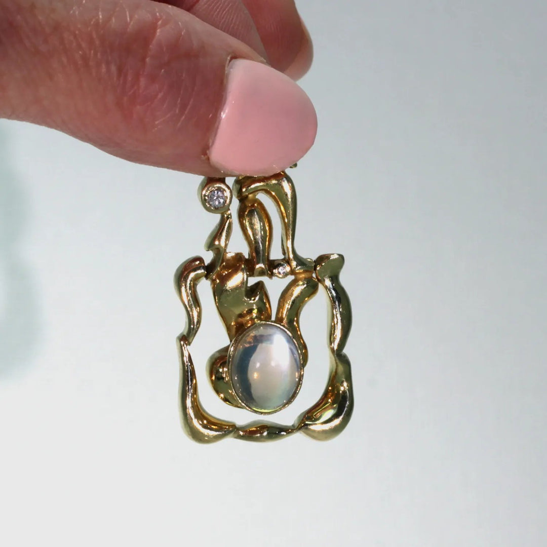 Vintage Impressionist Diamond Moonstone Ring Pendant 18k Gold French Designer
