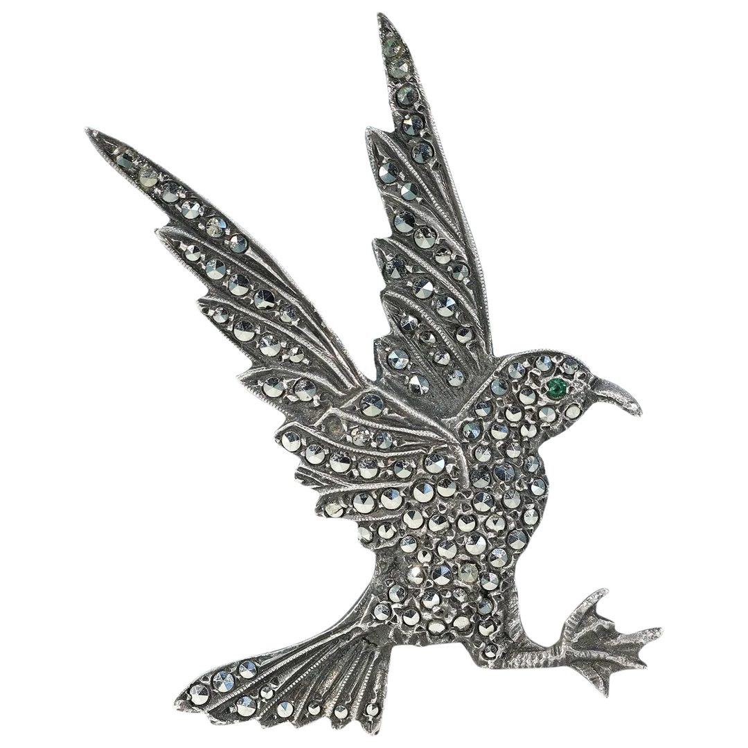 Vintage Marcasite Bird in Flight Brooch Pin Silver