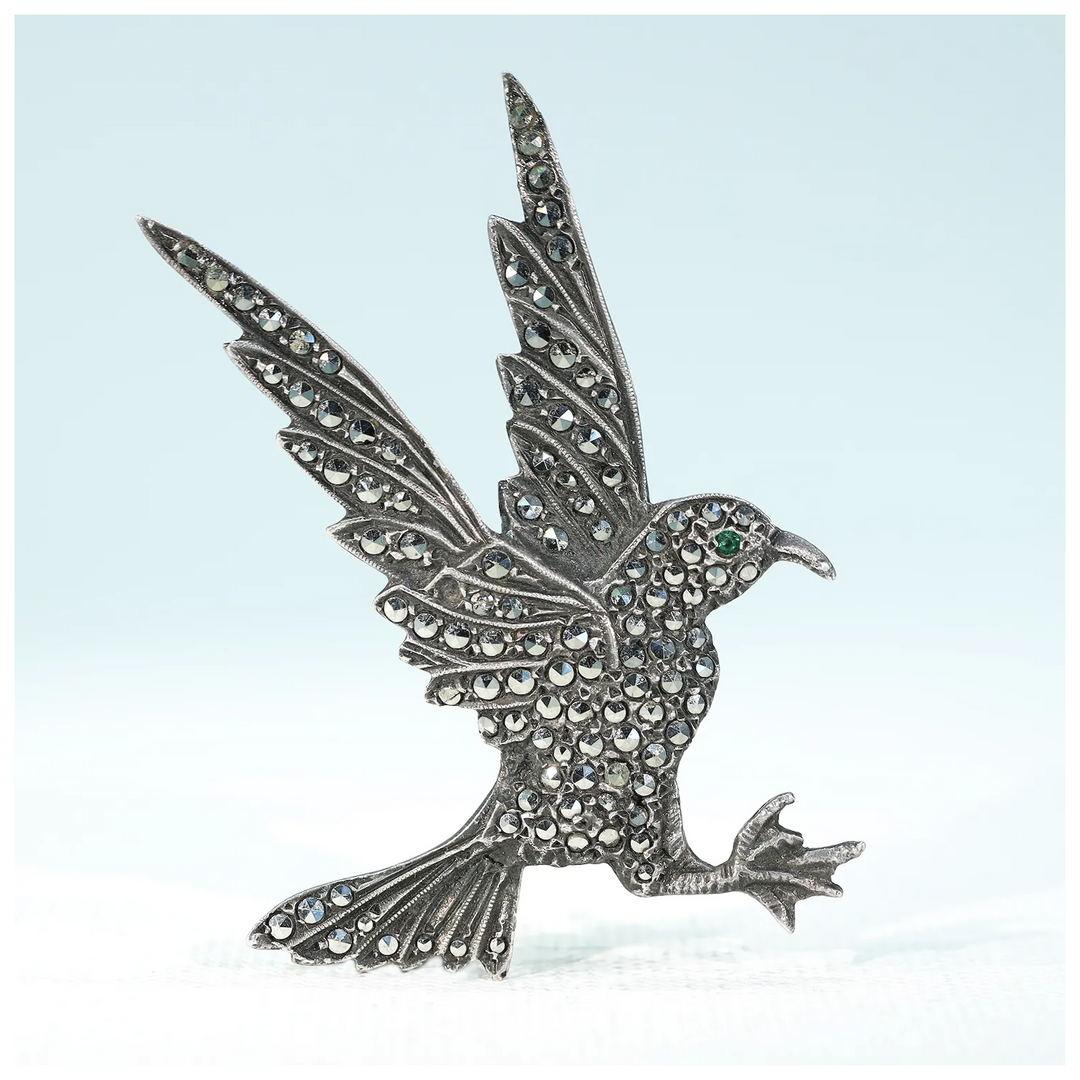 Vintage Marcasite Bird in Flight Brooch Pin Silver