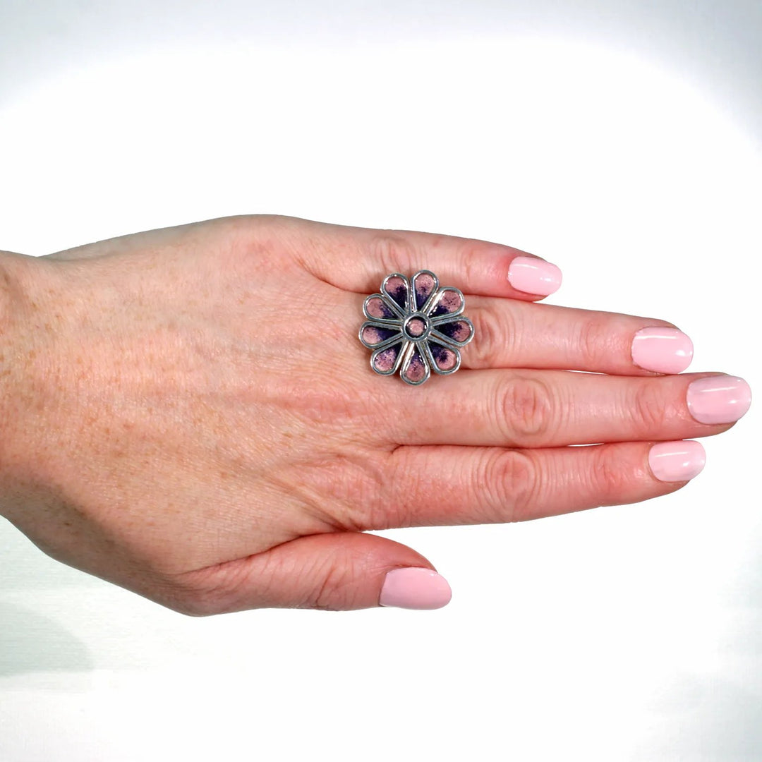 Vintage Norman Grant Purple Enamel Flower Ring Silver
