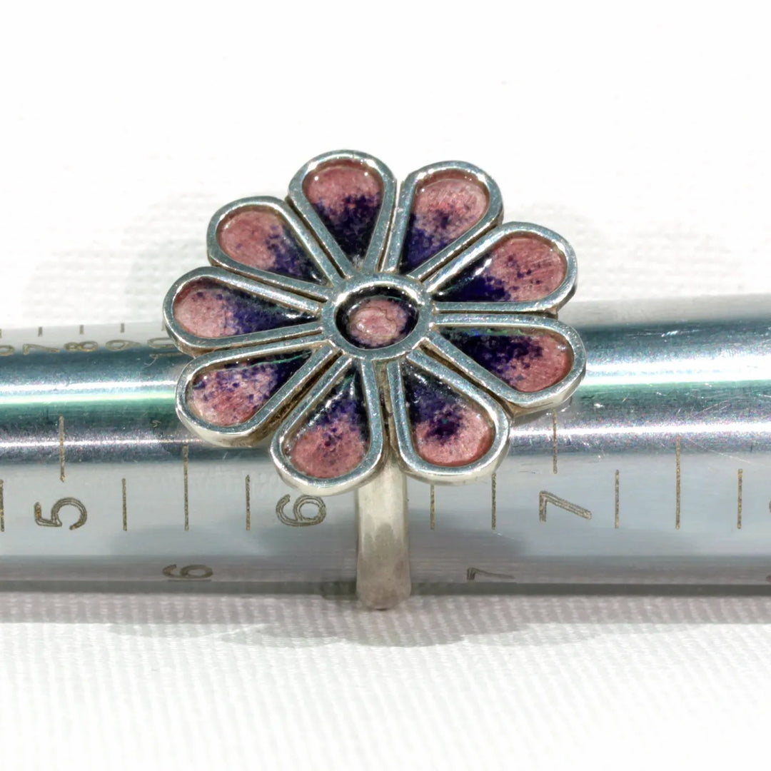 Vintage Norman Grant Purple Enamel Flower Ring Silver
