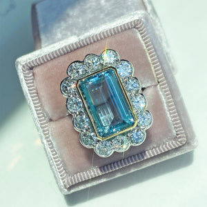 Vintage Art Deco Aquamarine Diamond Cluster Ring Hollywood Glamour