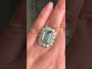 Vintage Art Deco Aquamarine Diamond Cluster Ring Hollywood Glamour