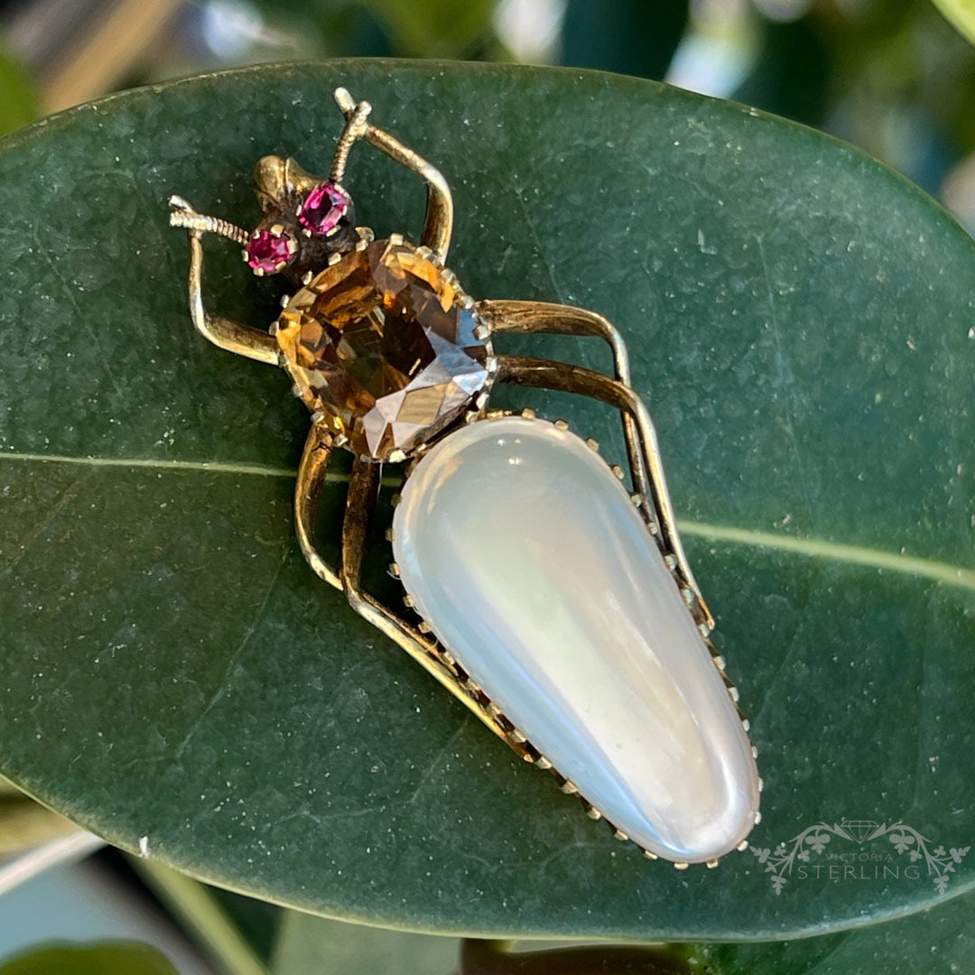 Victorian Moonstone Citrine Ruby Gold Bug Brooch