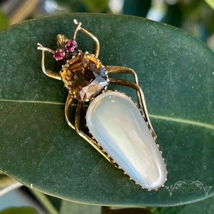 Victorian Moonstone Citrine Ruby Gold Bug Brooch