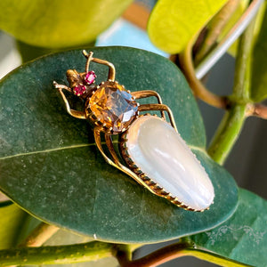 Victorian Moonstone Citrine Ruby Gold Bug Brooch