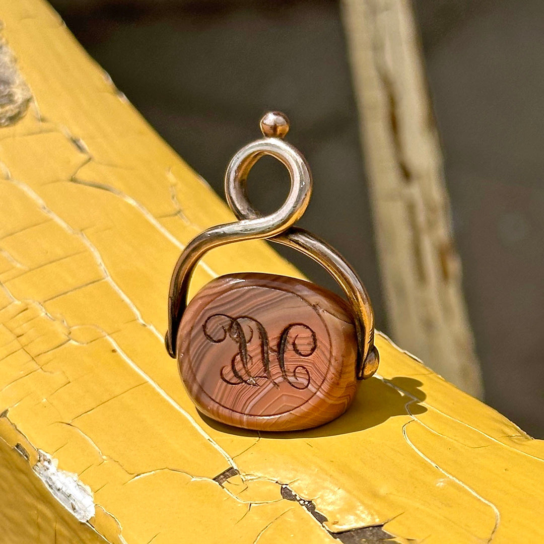 Victorian Gold Three Sided Agate Caduceus Spinner Fob, c. 1870