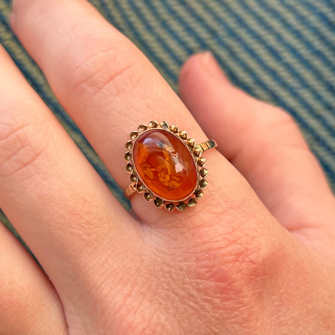 Vintage 9k Gold Amber Ring Birmingham 1988 Oval Cabochon
