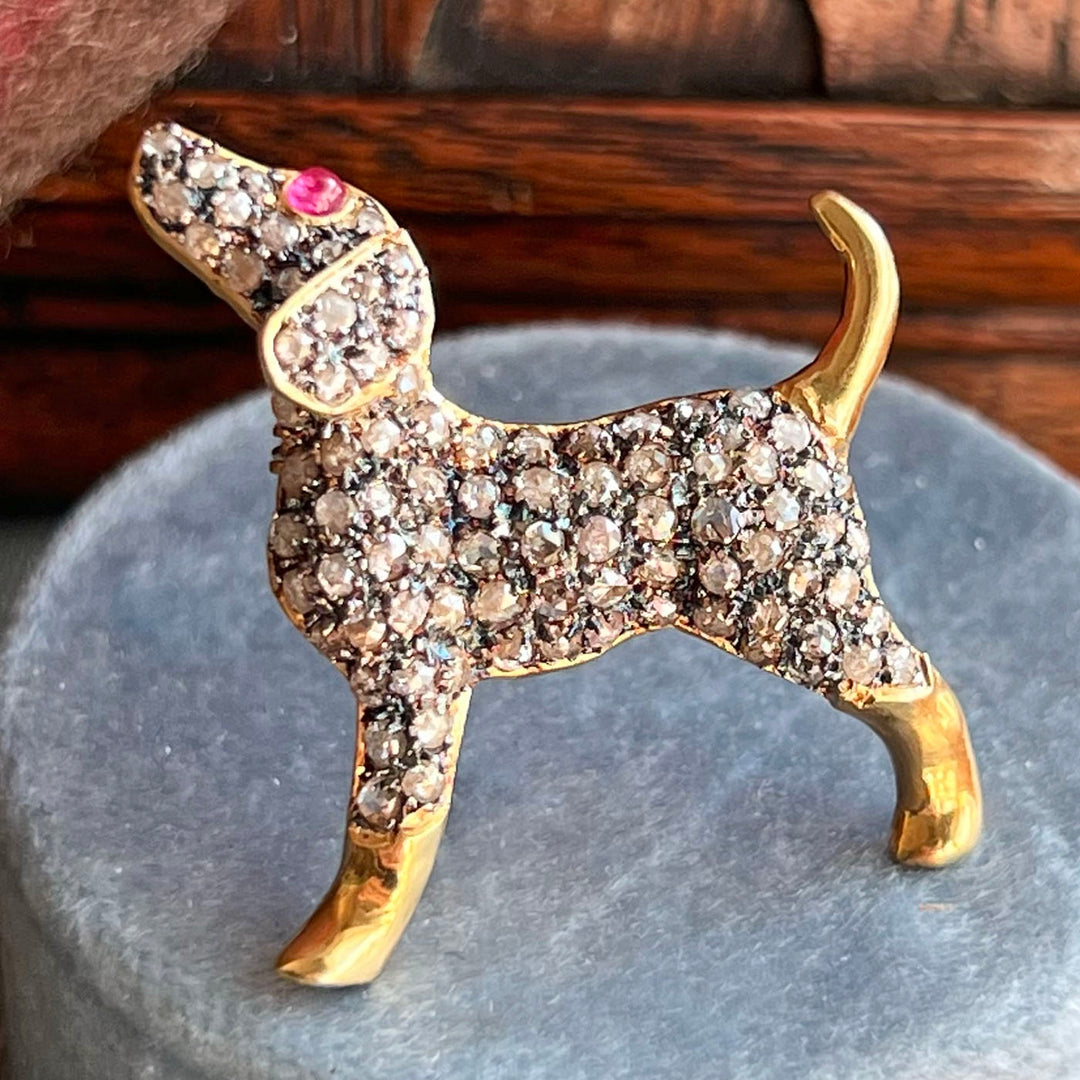 1950s Gold Diamond-Set Puppy Brooch Ruby Eye