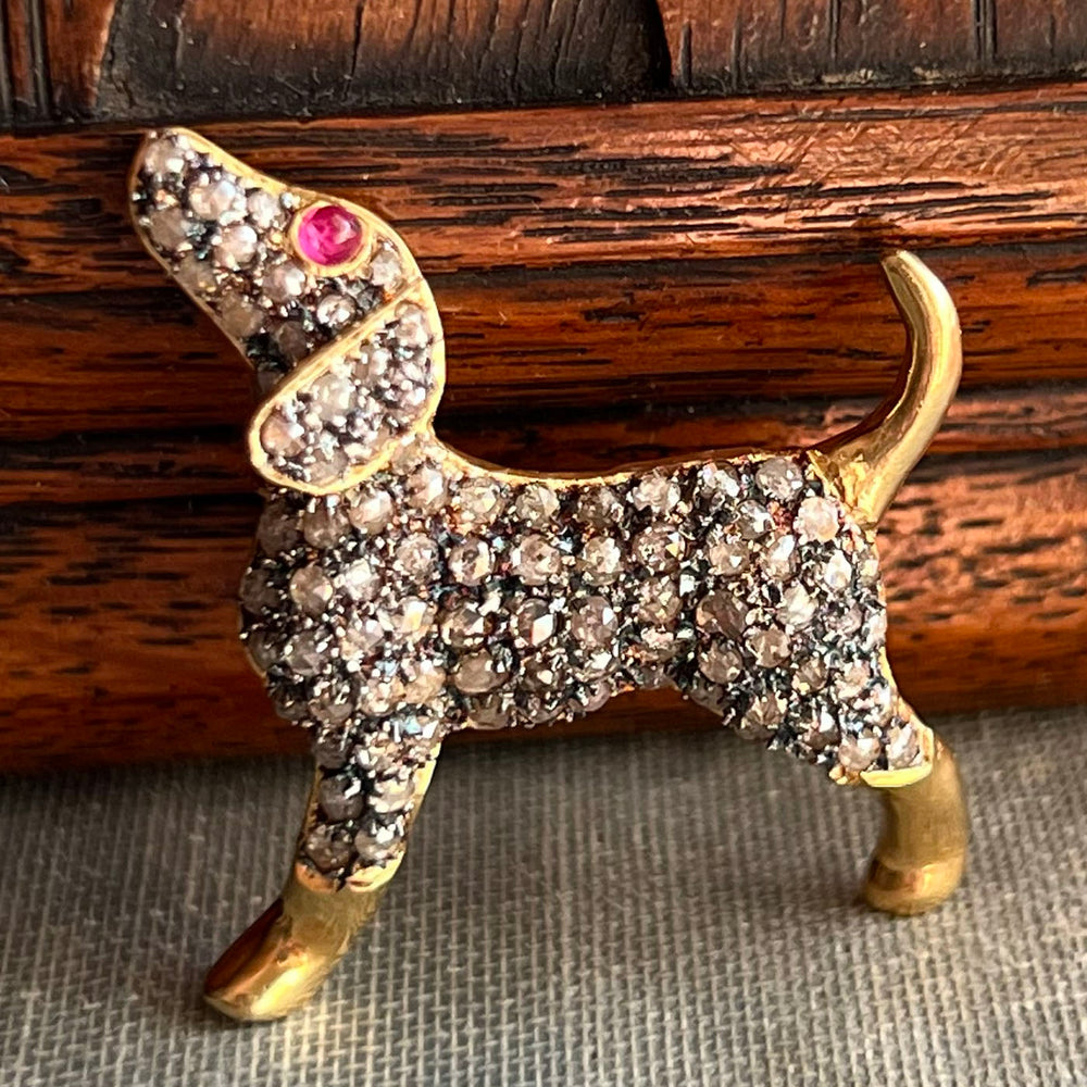 1950s Gold Diamond-Set Puppy Brooch Ruby Eye