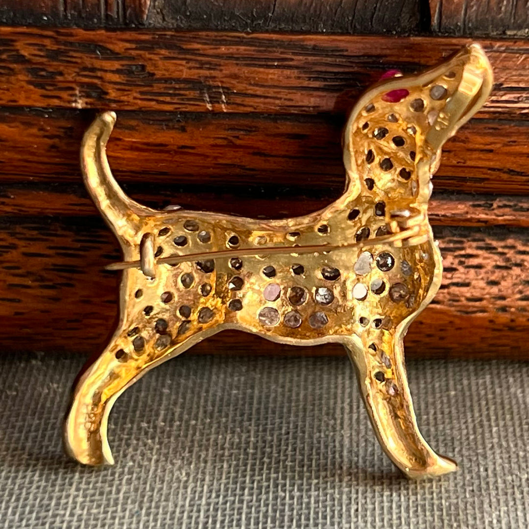 1950s Gold Diamond-Set Puppy Brooch Ruby Eye