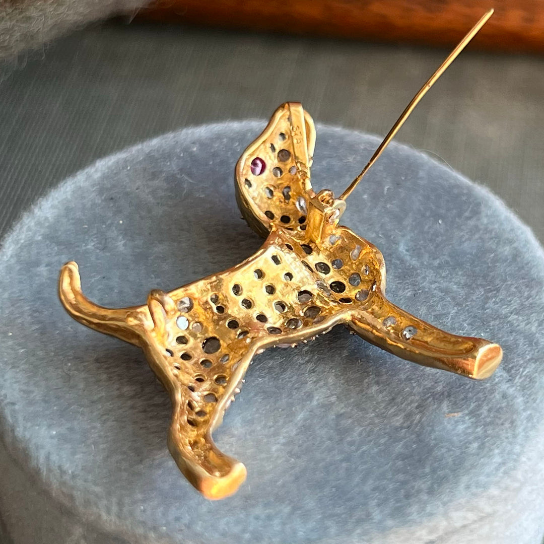 1950s Gold Diamond-Set Puppy Brooch Ruby Eye