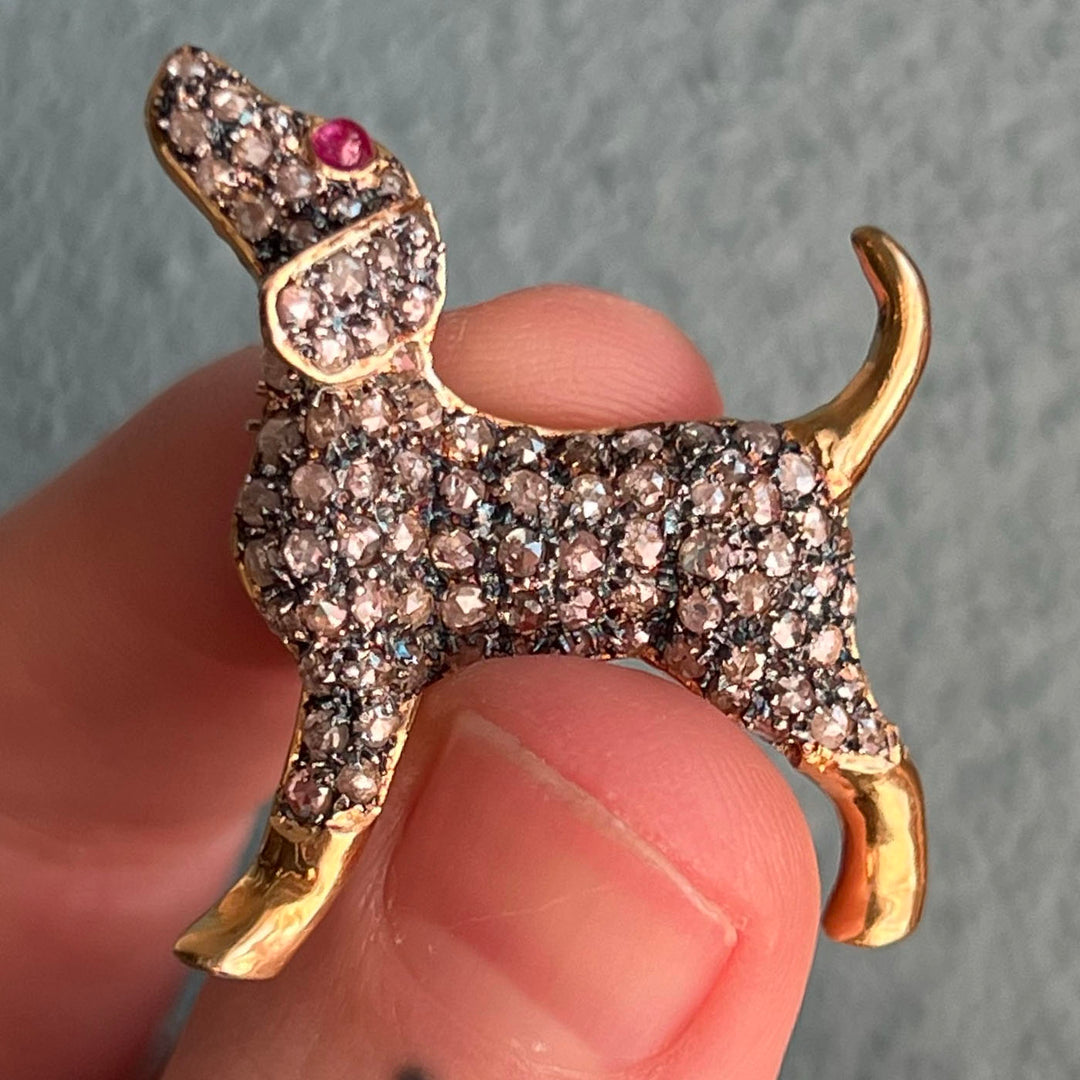 1950s Gold Diamond-Set Puppy Brooch Ruby Eye