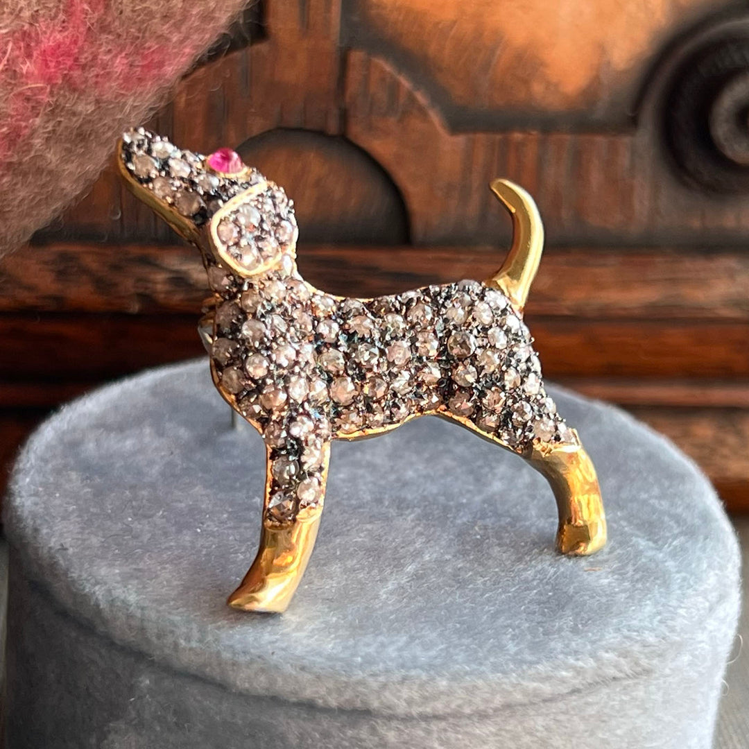 1950s Gold Diamond-Set Puppy Brooch Ruby Eye