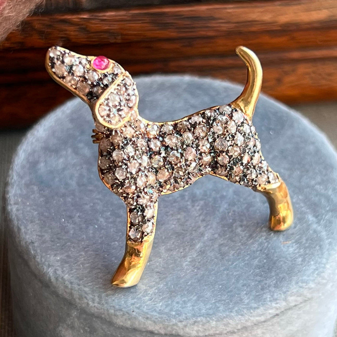 1950s Gold Diamond-Set Puppy Brooch Ruby Eye