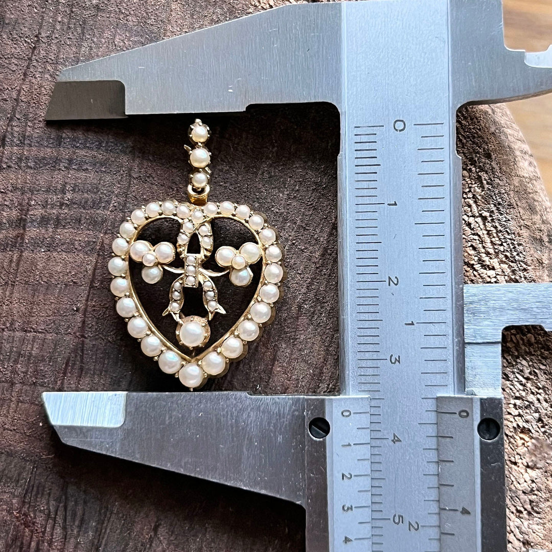 Antique Victorian 15 Karat Gold Pearl Heart Pendant, Openwork Heart Necklace Charm c.1880