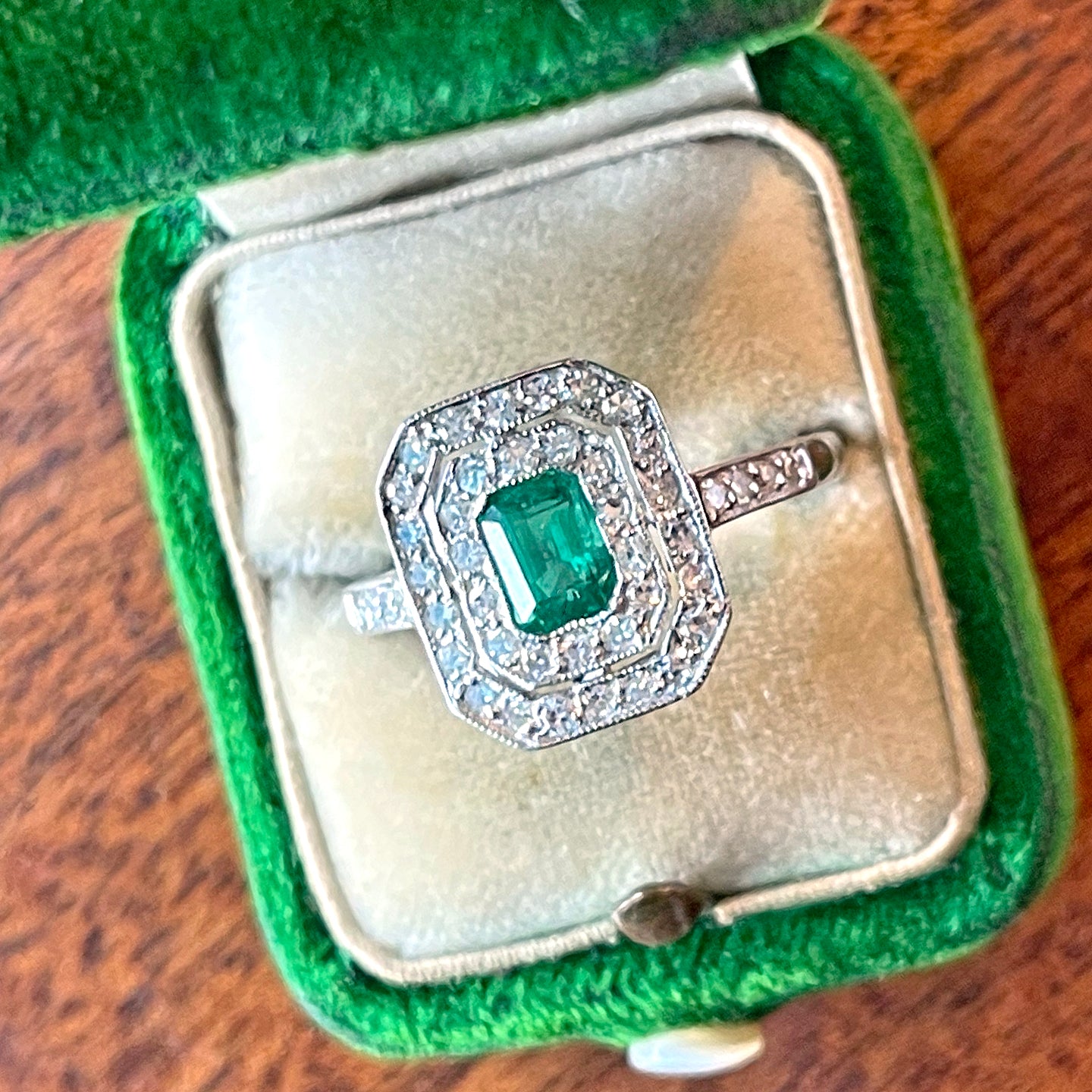 Vintage Emerald and Diamond Double Halo Ring in 18k White Gold
