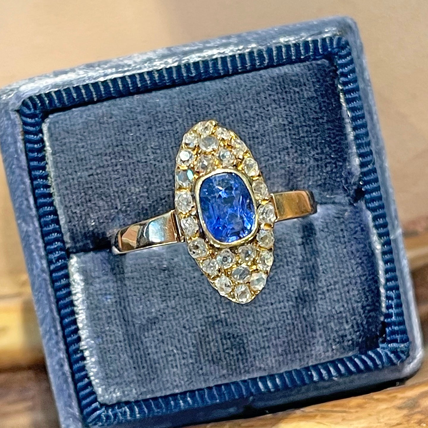 Victorian Navette Sapphire Diamond Cluster Ring