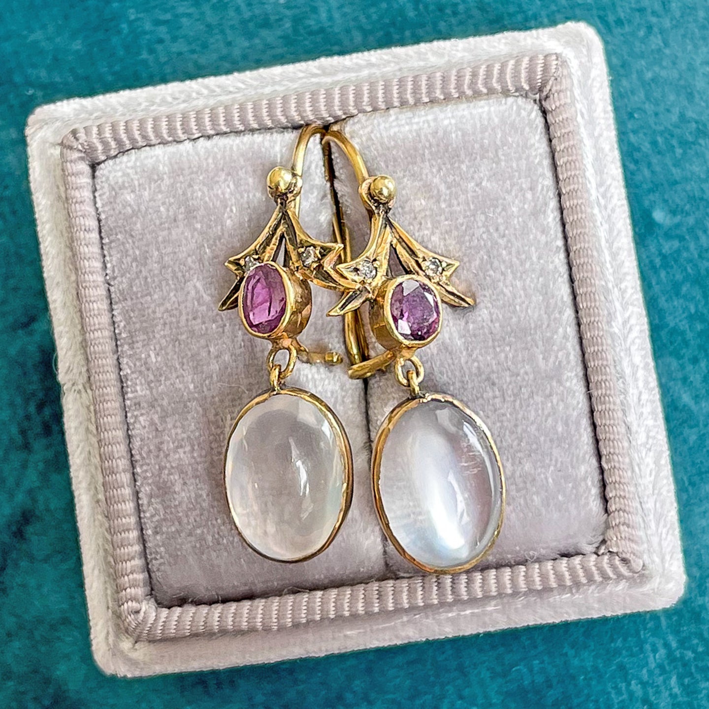 Edwardian Moonstone Garnet Diamond Gold Earrings