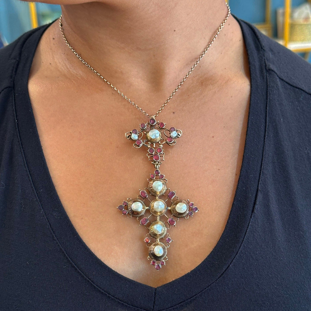 Antique Georgian Gold Garnet and Pearl Cross Pendant c. 1760