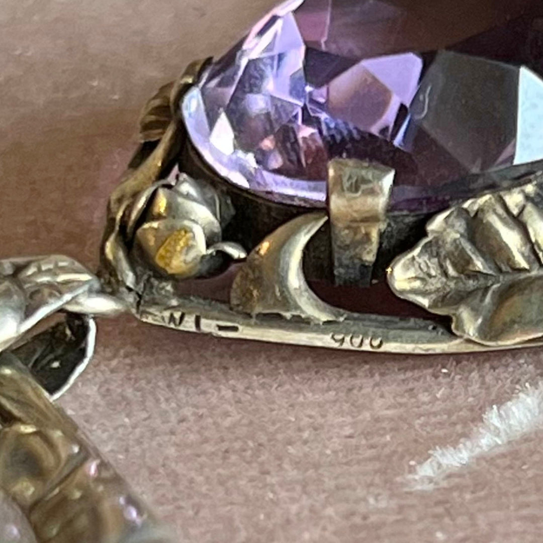 Large Vintage Drop Brooch Silver Amethyst Floral, c.1940