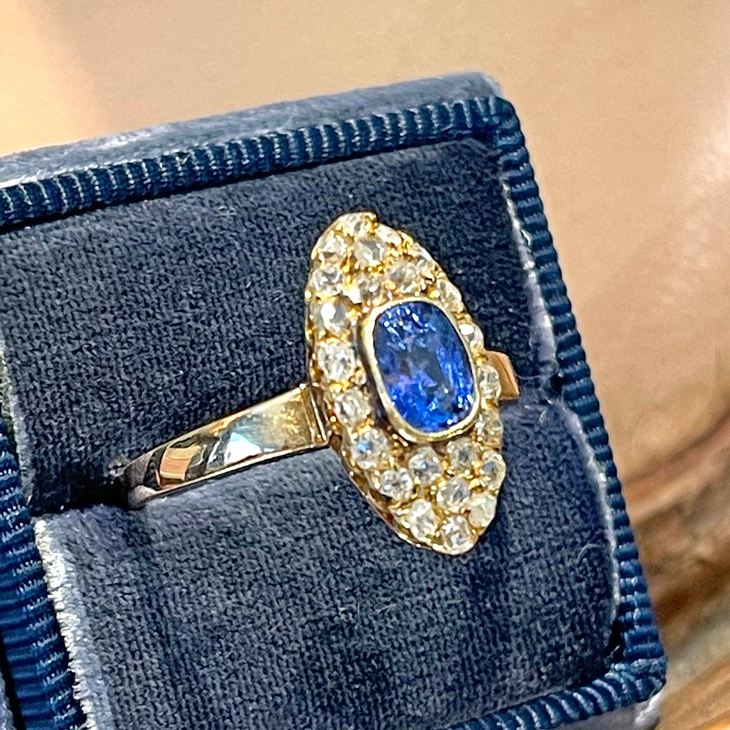 Victorian Navette Sapphire Diamond Cluster Ring