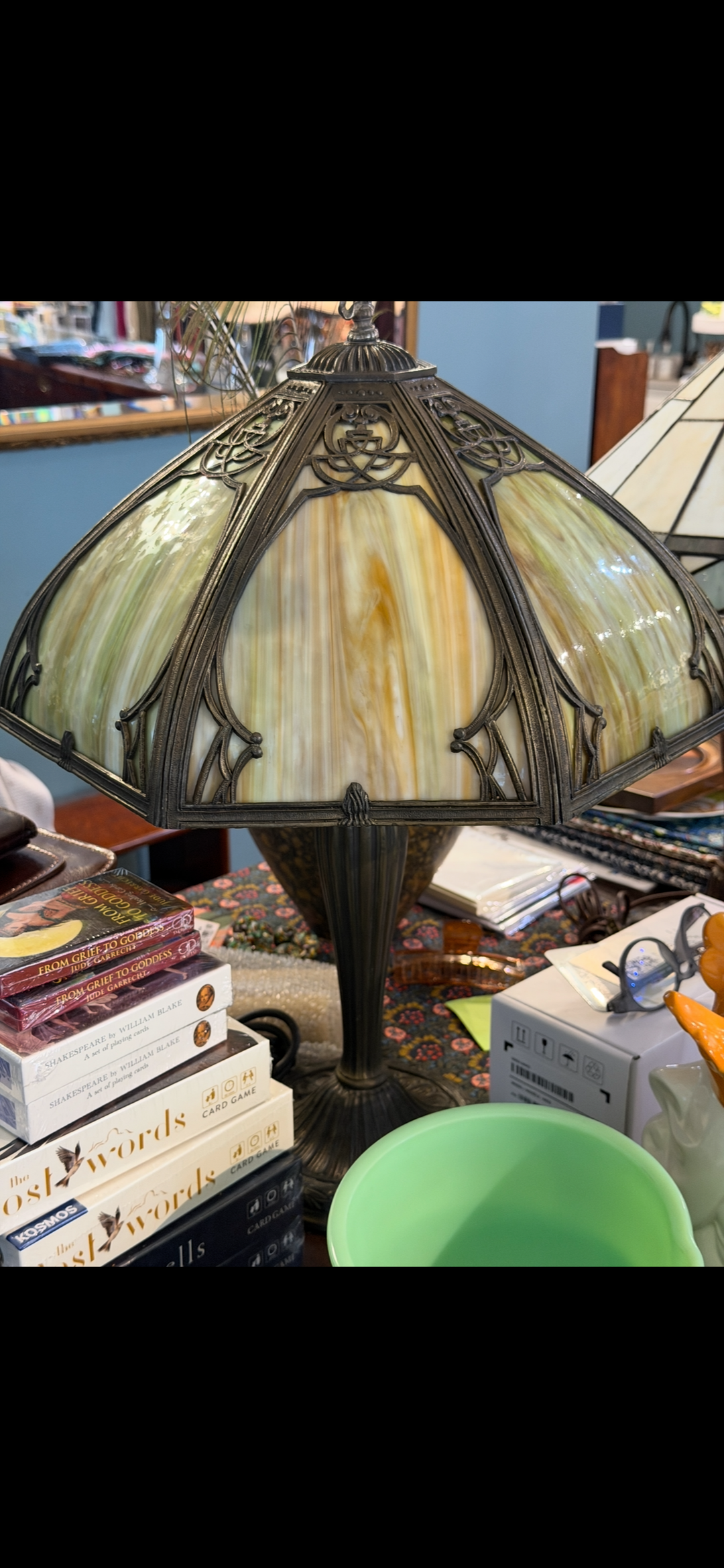 Art Nouveau Bronze Slag Glass Lamp