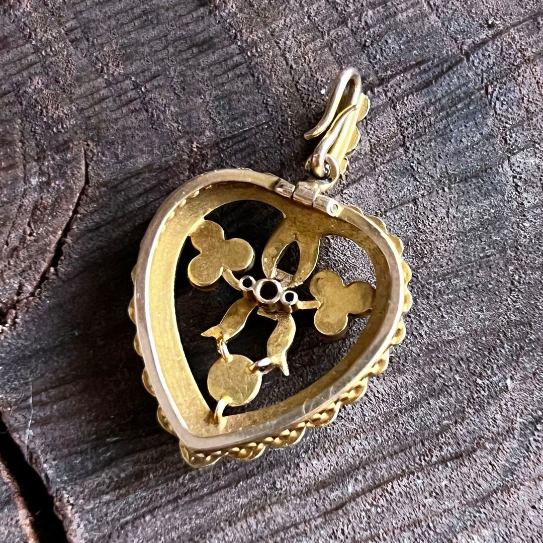 Antique Victorian 15 Karat Gold Pearl Heart Pendant, Openwork Heart Necklace Charm c.1880
