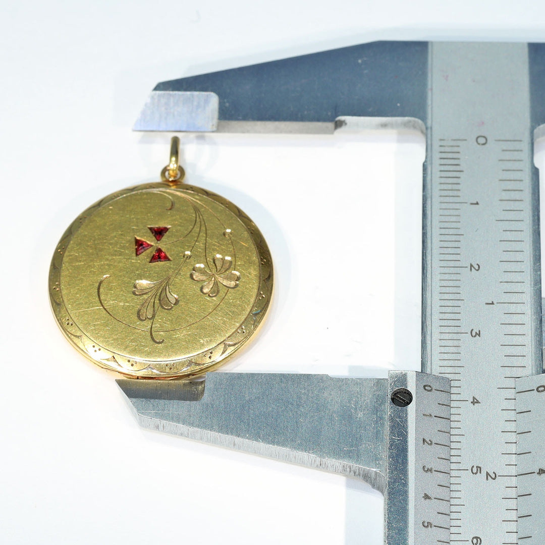 Antique Edwardian Gold Ruby Engraved Locket, c. 1910