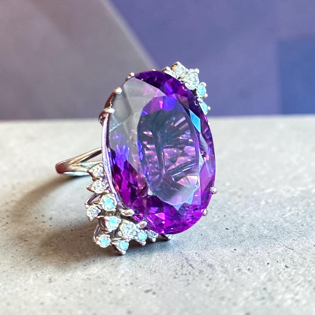 Large natural purple amethyst ring in 18 karat white gold